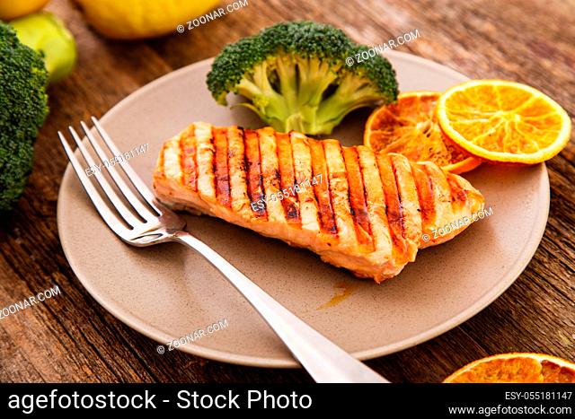 Slice of grilled salmon on a dish