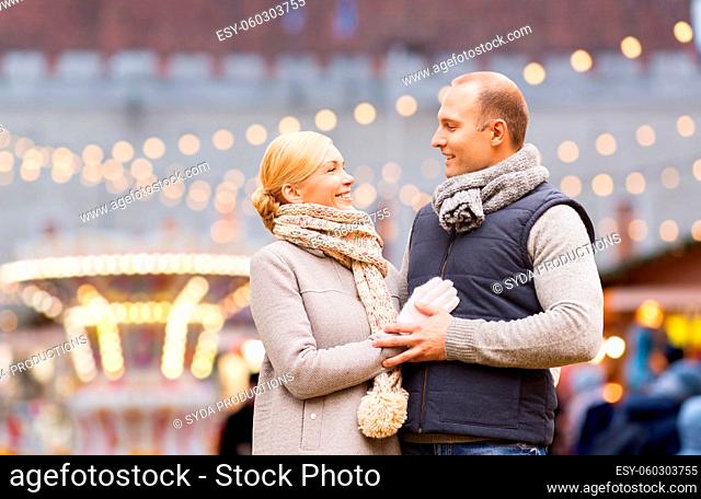 happy couple at christmas market