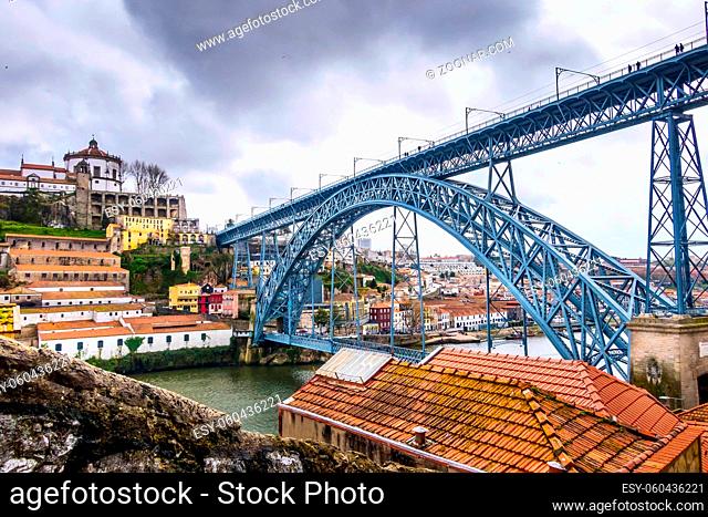 Porto, Portugal od town Ribeira view and Luis I bridge close up
