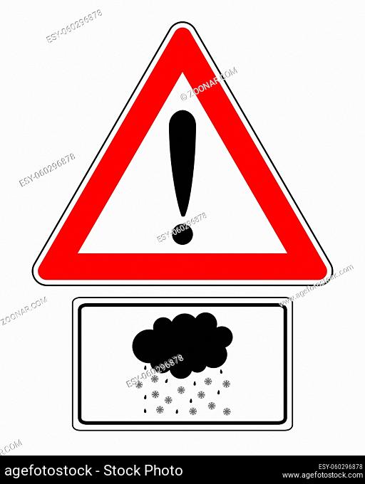 Warnschild mit Zusatzschild und Schneeregen - Attention sign with symbol of rain and snow