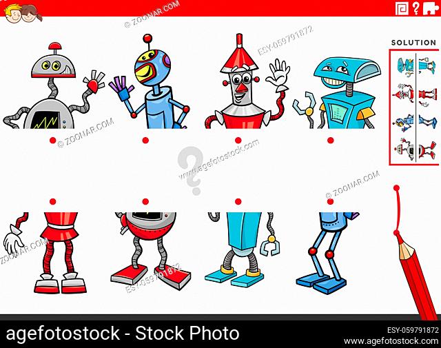 Cartoon illustration of educational game of matching halves of pictures with comic robot characters