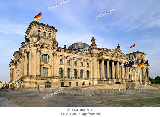 Exterior front view of the Reichstag building which is the seat of the German Parliament designed by Paul Wallot 1884-1894 with glass dome by Sir Norman Foster...