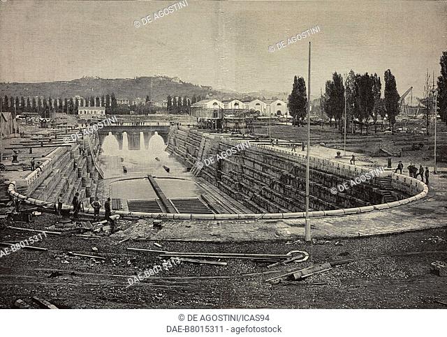Filling the Umberto I dry dock with water, La Spezia, Italy, engraving by Ernesto Mancastropa from a photograph by Ulisse Conti-Vecchi