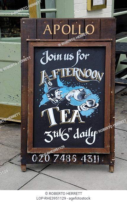 England, London, Marylebone. Sign outside The Apollo pub in Paddington Street advertising afternoon tea