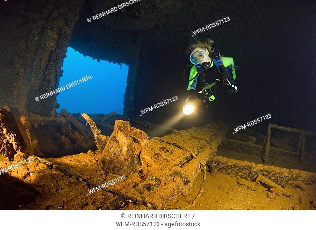 Diver discover Teapot inside of HIJMS Nagato Battleship, Bikini Atoll, Micronesia, Pacific Ocean, Marshall Islands