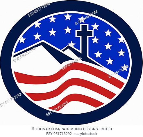 Illustration of a cross on top of hill with American stars and stripes flag in background set inside oval shape done in retro style