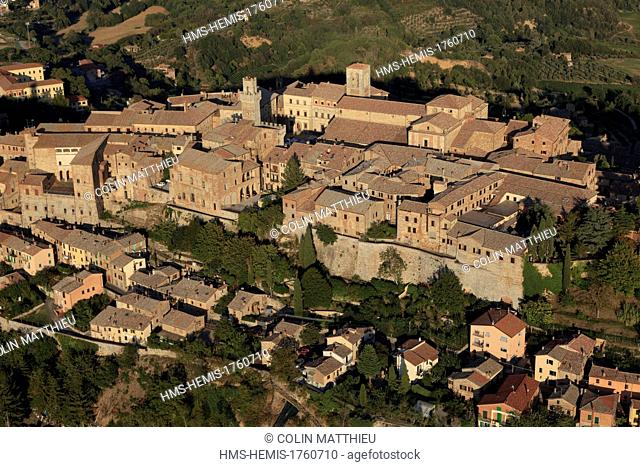 Italy, Tuscany, Val di Chiana, Montepulciano, San Biagio Renaissance church (aerial view)