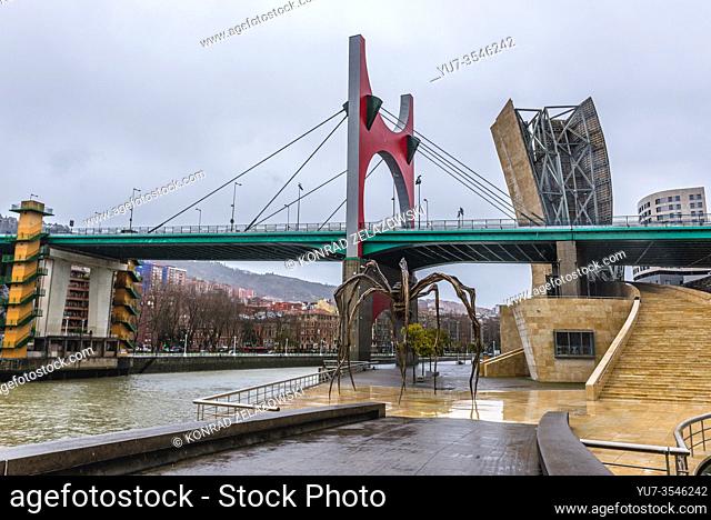 Maman sculpture by Louise Bourgeois next to Guggenheim Museum in Bilbao, the largest city in Basque Country, Spain - view with La Salve bridge