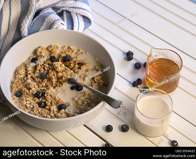 A Bowl of granola with almond milk and fresh blueberries and honey on a natural white wood table