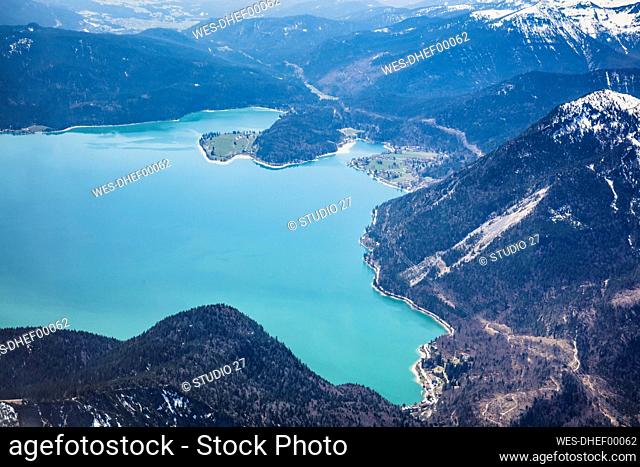 Germany, Bavaria, ¶ÿKochel¶ÿam See, Aerial view of Lake¶ÿWalchen¶ÿand surrounding mountains