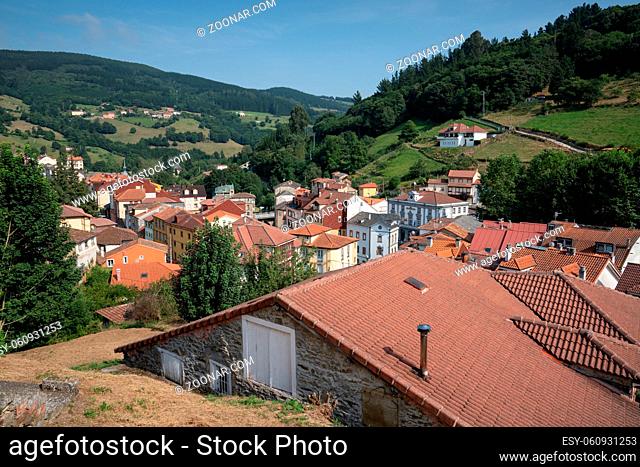 View over the roofs of the city center of Pola de Allande, Asturias, Spain