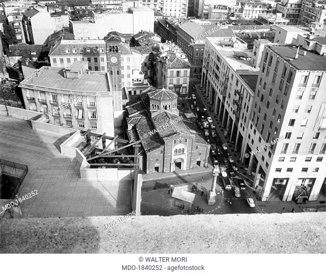Aerial view of the church of San Babila. Milan, 1964