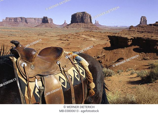 USA, Arizona, monument Valley, Navajo Tribal park, rock formations, 'The Mittens', horse, detail Landscape, Reitpferd, ride, reservation, Navajoreservation