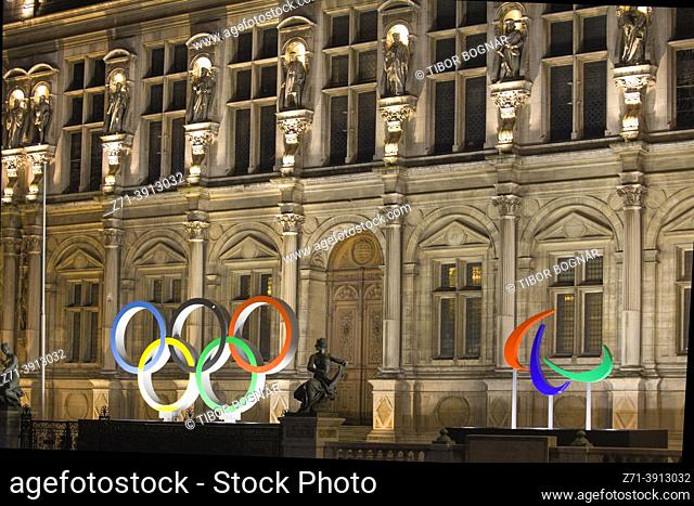 France, Paris, Hôtel de Ville, City Hall, olympic rings, Paris Olympic Games
