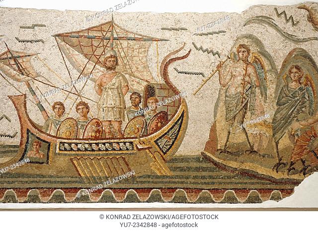 Mosaic scene from Homer's Odyssey, Ulysses meeting with sirens in The Bardo museum in Tunis, capital of Tunisia