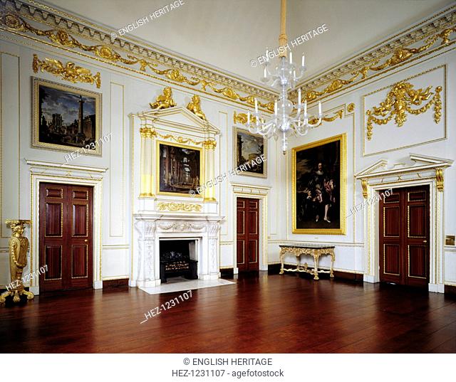 Marble Hill House in Twickenham, London, 1993. The Great Room with fireplace, lavishly gilded decoration and architectural paintings by Panini