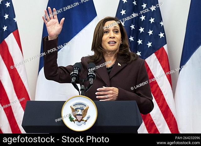 United States Vice President Kamala Harris makes remarks during a press conference at Hotel Intercontinental in Paris, France on November 12