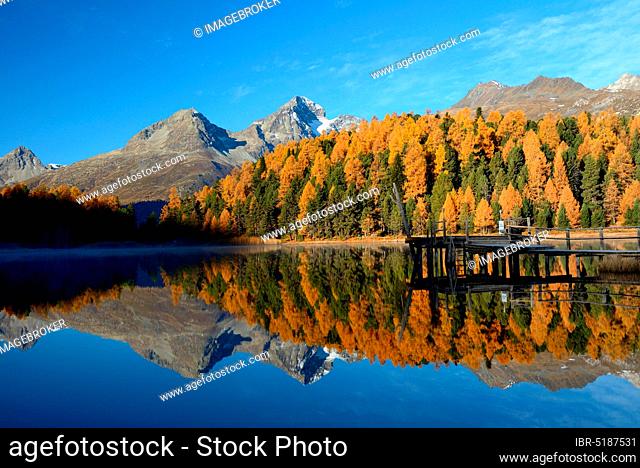 Lake Staz near St. Moritz, Lej da, Upper Engadine, Engadine, Canton Graubünden, Switzerland, Europe