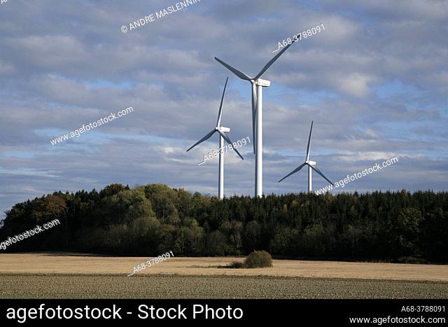 Three wind turbines in southern Skåne. GE Wind Energy. Sweden