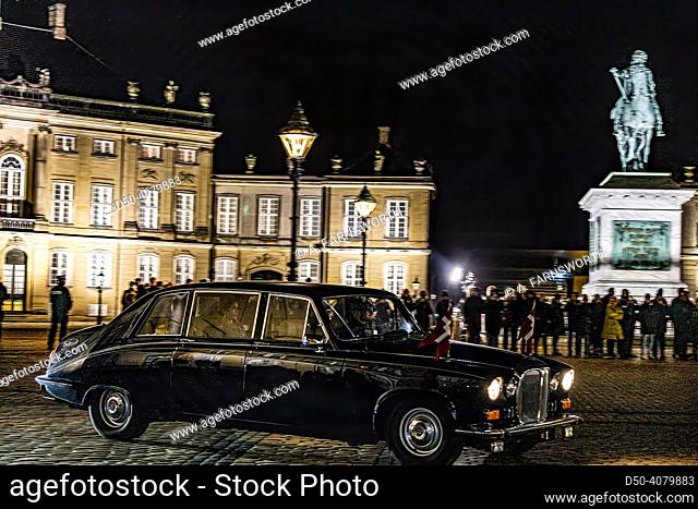Copenhagen, Denmark Frederik, Crown Prince of Denmark, and his wife Mary, Crown Princess of Denmark, arrive by car to an official event at Amalienborg Palace