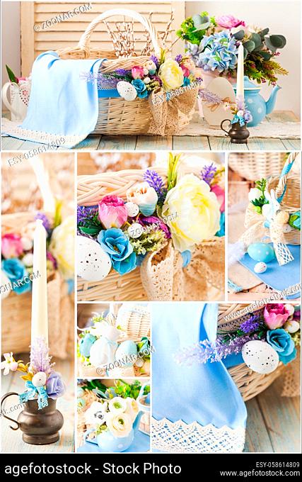 Collage from easter designed provence decor. Wicker baskets, candle and blue napkin with lace. Greeting card design