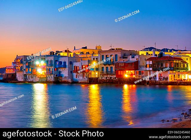 Mykonos Little Venice. Famous old houses by the sea in Mykonos Island in Greece at night. Greek landmark