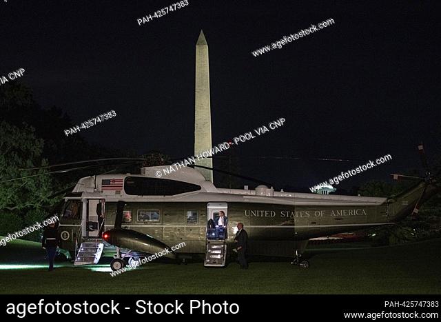 United States President Joe Biden arrives aboard Marine One on the South Lawn of the White House in Washington, DC following a weekend trip to India