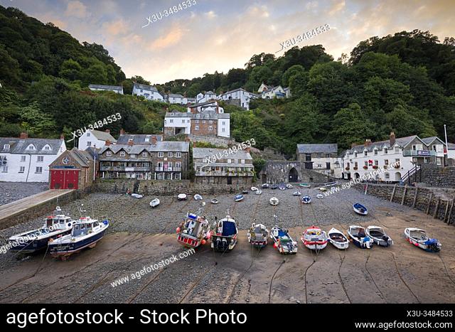 The harbour village of Clovelly on the North Devon coast from the harbour wall, England