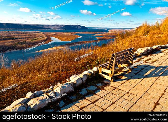 Wooden Bench and Panoramic View of Volga River Bend near Samara, Russia