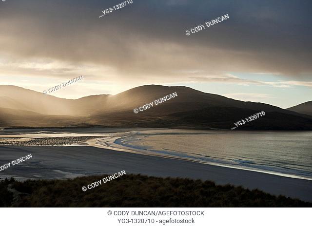 Rain falling over Isle of Harris, Viewed from Luskentyre Beach, Outer Hebrides, Scotland