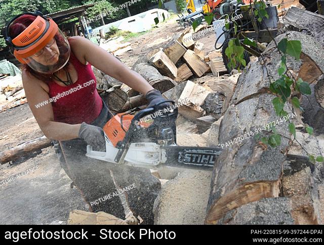 09 August 2022, Saxony, Eisenhammer: In her Eisenhammer charcoal kiln in the Düben Heath, charcoal burner Norma Austinat uses a chain saw to cut beech logs that...