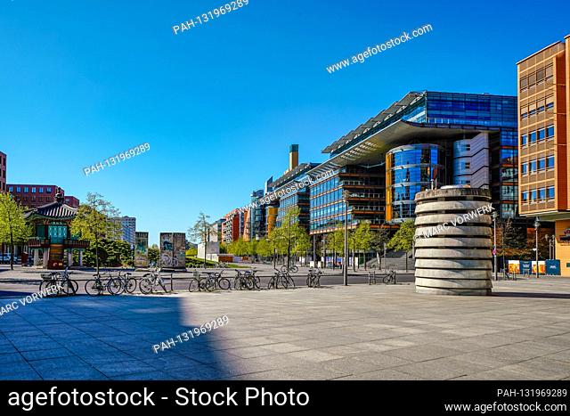 April 19, 2020, Berlin: The Potsdamer Platz in Berlin withte on a beautiful spring day in wonderful imperial weather and bright blue sky with the pavilion of...
