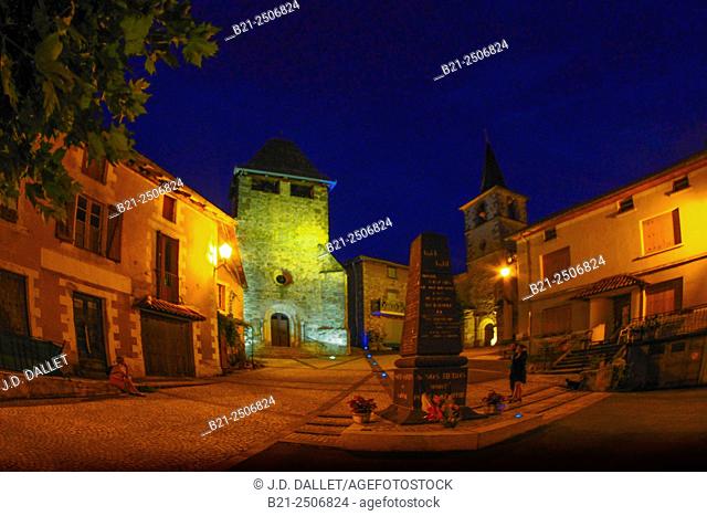 Main Square with two churches (one in Cantal, the other one in Aveyron), Saint-Santin, Aveyron, Midi-Pyrenees, France