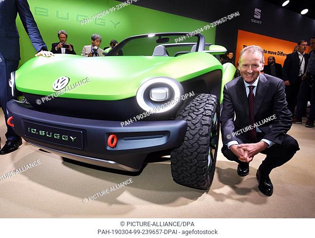 04 March 2019, Switzerland, Genf: Herbert Diess, CEO of Volkswagen (VW), sits at the VW Group evening in the run-up to the Geneva Motor Show at a VW ID