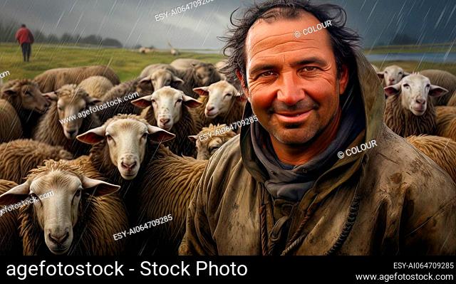 Attractive male shepard with his flock of sheeps exposed to the cold and the rain - generated artificial art
