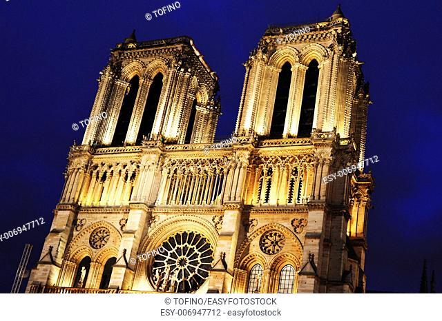 Notre-Dame Cathedral in Paris, France after sunset