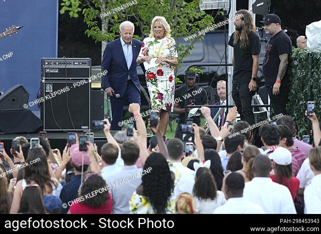 United States President Joe Biden and first lady Dr. Jill Biden make remarks prior to a performance on the South Lawn of the White House in Washington