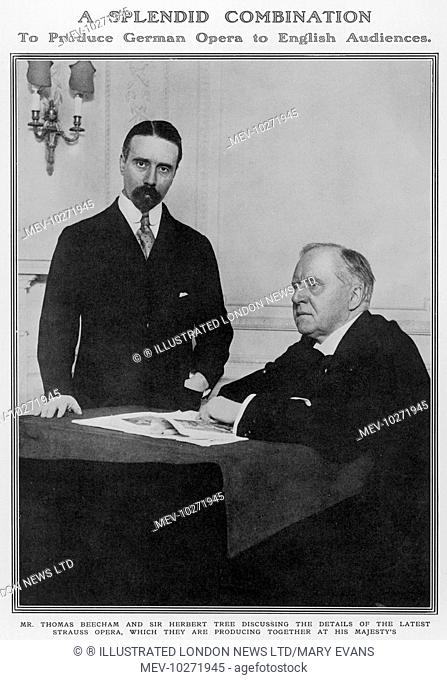The English Actor-Manager Herbert Beerbohm Tree (seated), pictured with Sir Thomas Beecham, English conductor and impresario together in Tree's study at His...