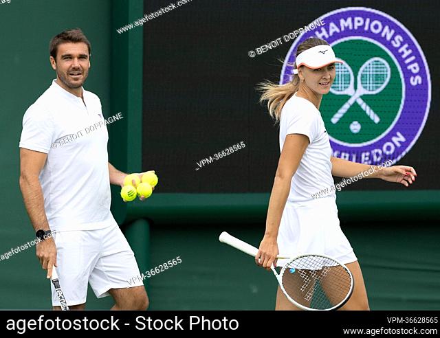 Belgian Maryna Zanevska and her coach Geoffroy Vereerstraeten pictured during a training session ahead of the 2022 Wimbledon grand slam tennis tournament at the...