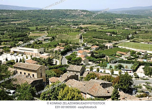 View on rooftops and Luberon valley in Bonnieux, Provence region in France