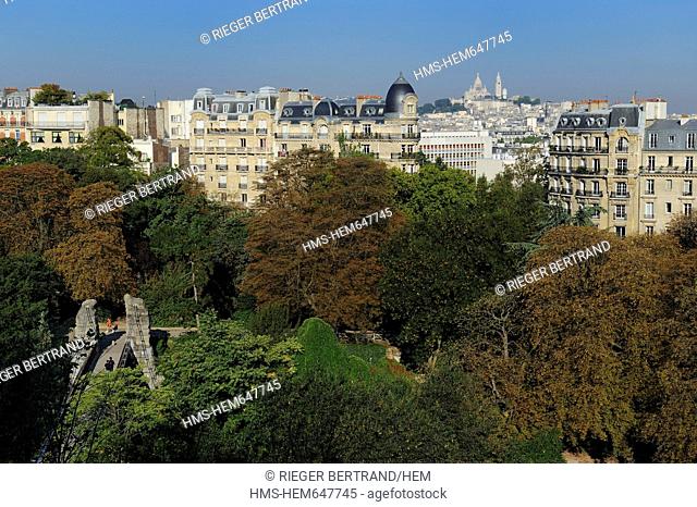 France, Paris, Buttes chaumont Park and the Sacre Coeur de Montmartre basilica