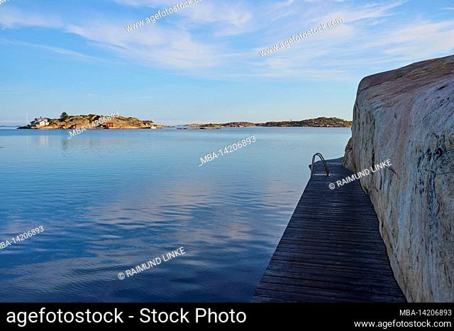 Boardwalk, bathing place, archipelago, morning, summer, Hunnebostrand, Skagerrak, Bohuslän, Västra Götalands län, Vastra Gotaland, Sweden