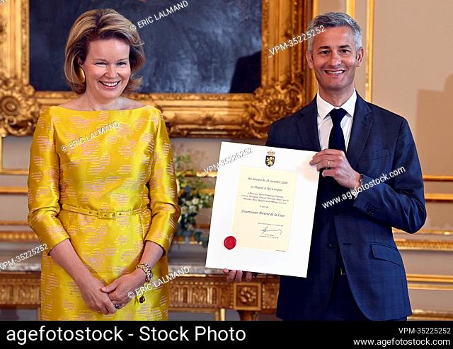Queen Mathilde of Belgium and Pierre-Emmanuel Chartier, CEO and Managing director of Mercedes-Benz cars Belgium Luxembourg pictured during a royal reception...