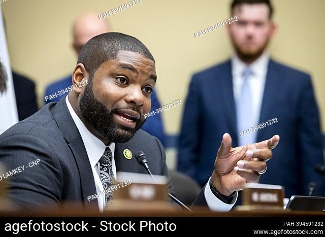 United States Representative Byron Donalds (Republican of Florida) questions the witnesses during a House Committee on Oversight and Accountability hearing...