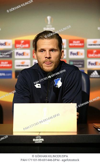 Hoffenheim's captain Eugen Polanski seen during a press conference of 1899 Hoffenheim ahead of the Europa League soccer match between Istanbul Basaksehir and...