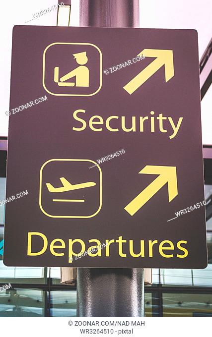 London, England - may 30, 2017: Information sign showing way to departures and security at Heathrow Airport in London, England
