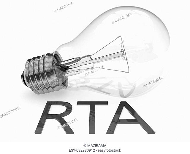 RTA - Real Time Advertising - lightbulb on white background with text under it. 3d render illustration