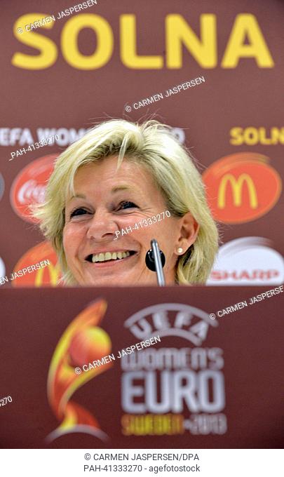 Germany's head coach Silvia Neid sits during the UEFA press conference at the Women's EURO in the press from of Friends Arena in Solnar,  Sweden, 27 July 2013