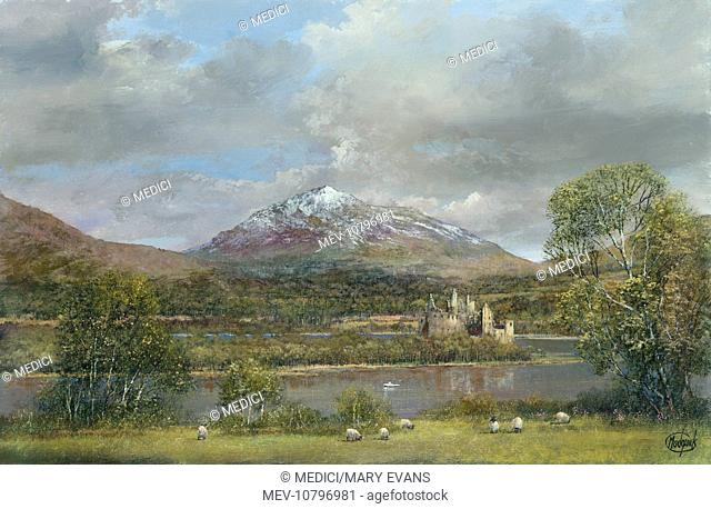 'Kilchurn Castle, Loch Awe, Scottish Highlands' – sheep grazing in the foreground, boat on the loch, castle ruins and snow capped mountain in the background