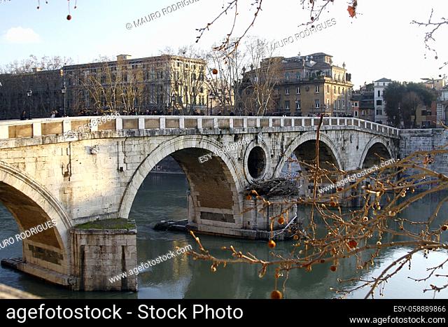 Wide view of the bridges over river Tiber in Rome, Italy